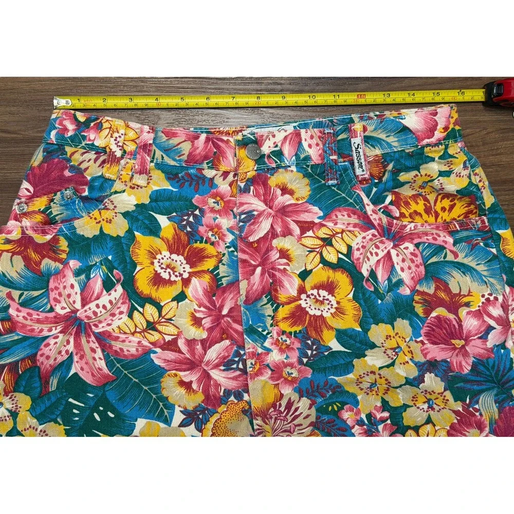 Vintage 80's Sasson Floral High Waisted Denim Shorts Tropical Womens Sz 16
